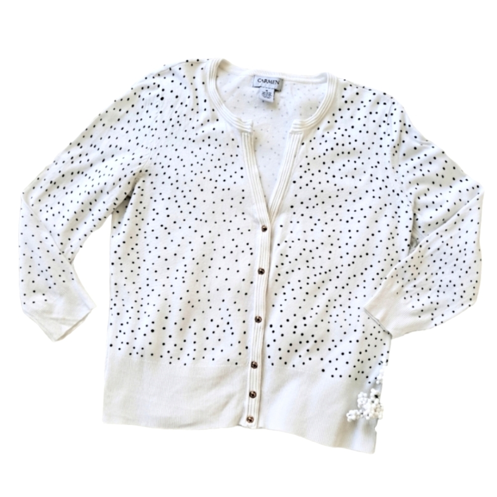 Carmen Marc Valvo Rayon Snap Front White Polka Dot Cardigan Sweater szM
